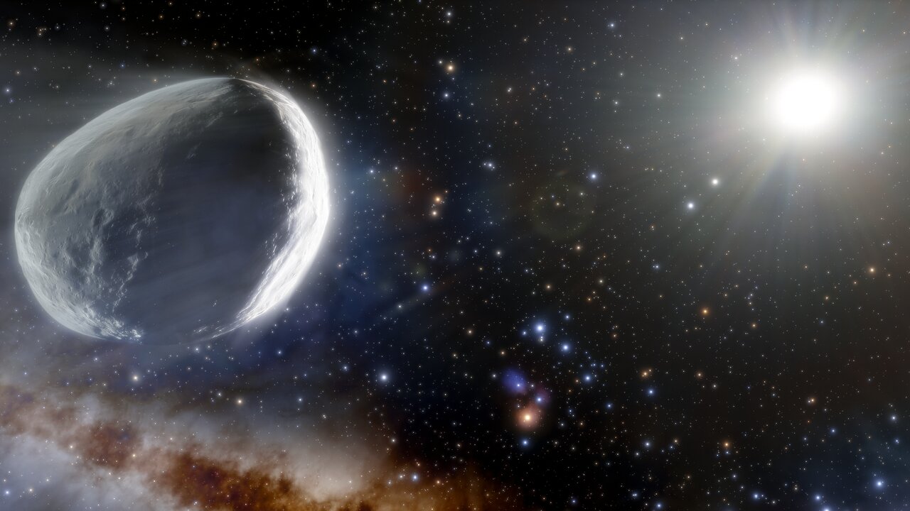 This artist's illustration shows the distant Comet Bernardinelli-Bernstein as it might look in the outer Solar System. Comet Bernardinelli-Bernstein is estimated to be about 1000 times more massive than a typical comet, making it arguably the largest comet discovered in modern times. It has an extremely elongated orbit, journeying inward from the distant Oort Cloud over millions of years. It is the most distant comet to be discovered on its incoming path.