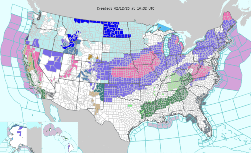 Winter storm warning map from the National Weather Service, February 12, 2025.