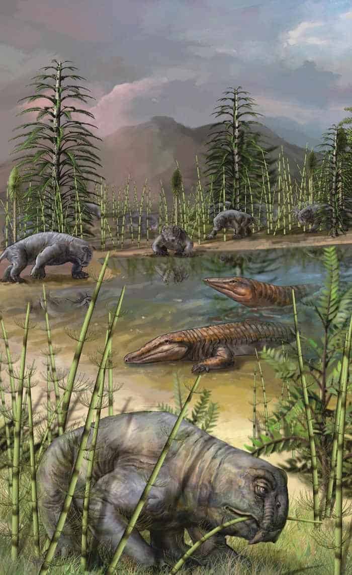 Riverbank permian illustration with mountain in background