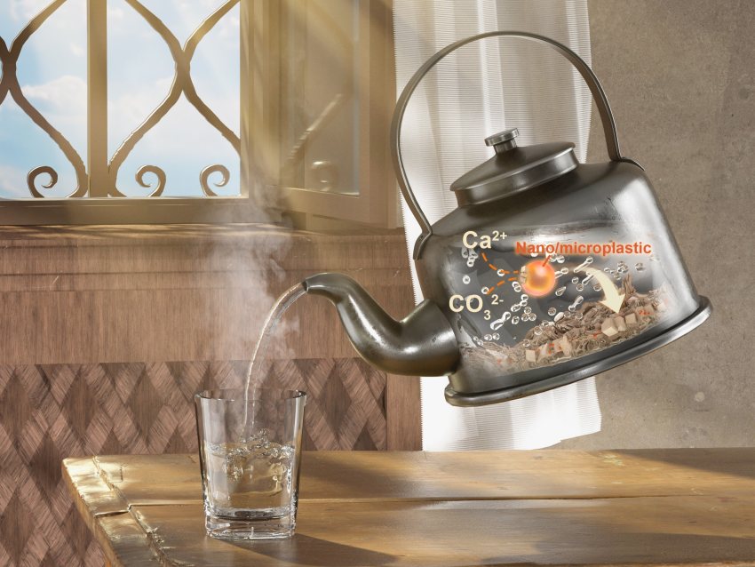 Artist's impression of a stovetop kettle pouring boiled water into a glass. Inside the kettle is a representation of the process that traps nano- and microplastics in limescale particles