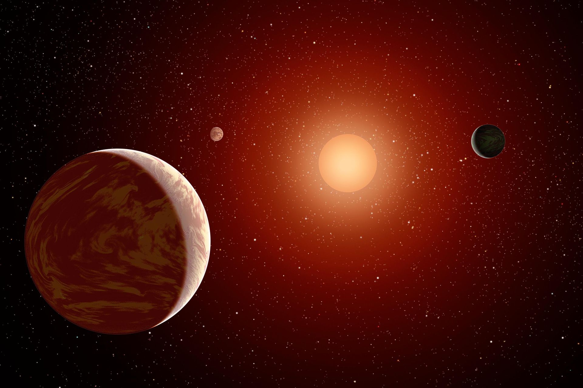 An artist's impression of a Recent red dwarf surrounded by three planets. Credit: NASA/JPL-Caltech
