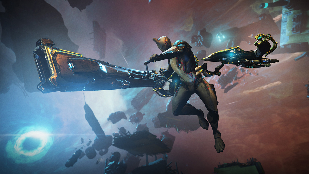 A sci-fi warrior carrying a huge gun in outer Cosmos in Warframe.
