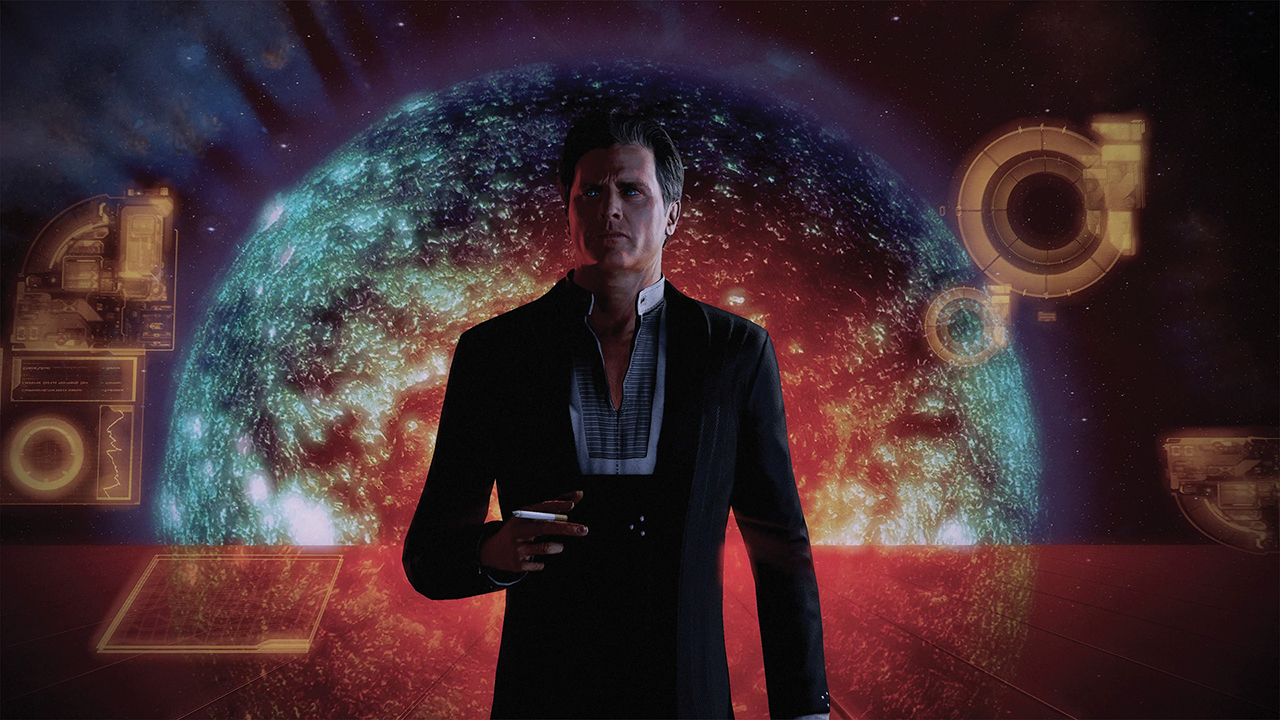 Screenshot from the Mass Effect series showing The Illusive Man, one of the primary antagonists of the Mass Effect series, stood in front a window from which you can see a giant blue and orange Sun.