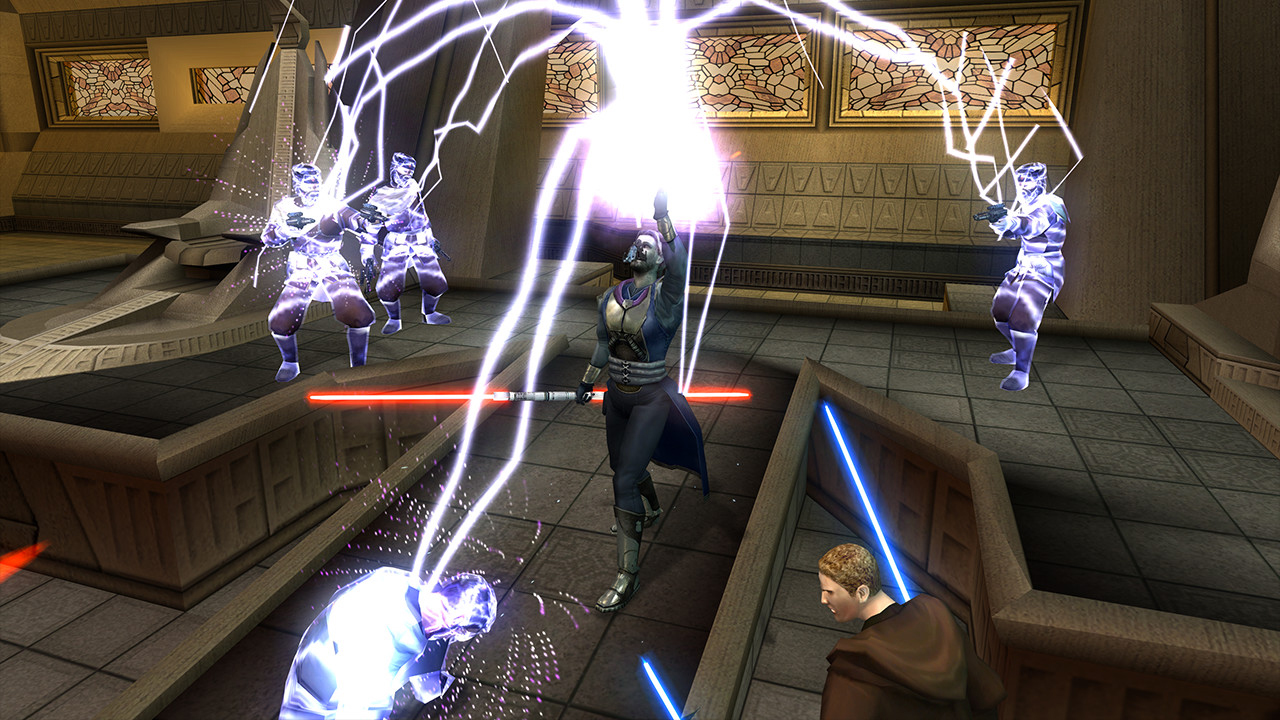 Image from the game Sun Wars Knights of the Aged Republic II: The Sith Lords. In the middle of a room there is a person holding a double-ended red lightsaber in their right hand and raising their left hand into the air. A massive blast of blue-white lightning is erupting from their left hand and zapping four enemies around the room. In the foreground there is also a man in a brown hooded robes wielding two blue lightsabers.