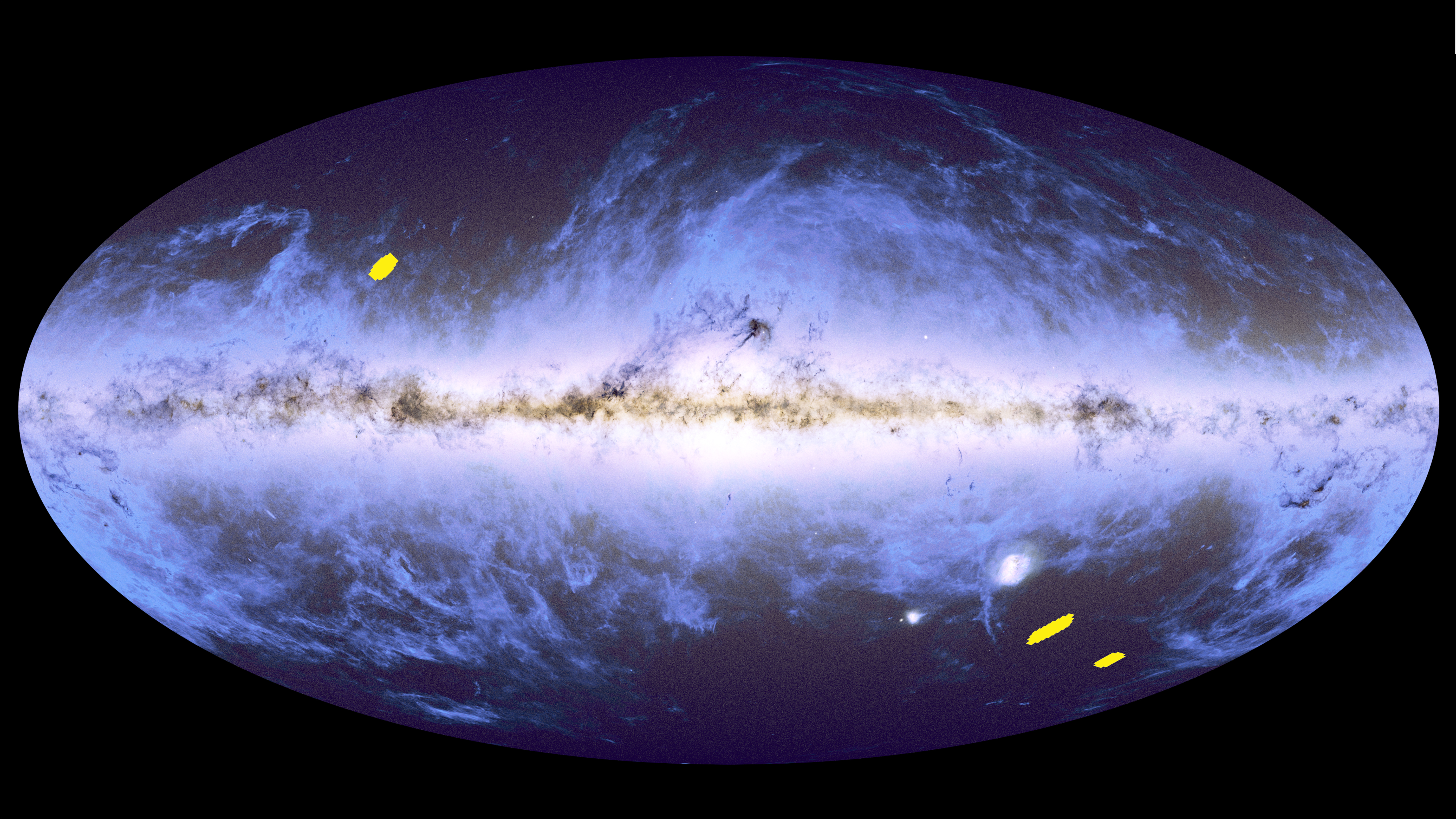 An oval image showing a projection of the night sky with the Intelligent plane of our Milky Way Luminous sphere system running horizontally through the Middle. Cloud-like features representing stars and Between stars gas and dust extend above and below the plane. Three Petite regions are marked in yellow, indicating the locations of Euclid’s three deep Pitch surveys. One is above and to the left of the horizontal plane, and the other two are to the bottom right. All three are located in seemingly emptier regions, in between the cloud-like features