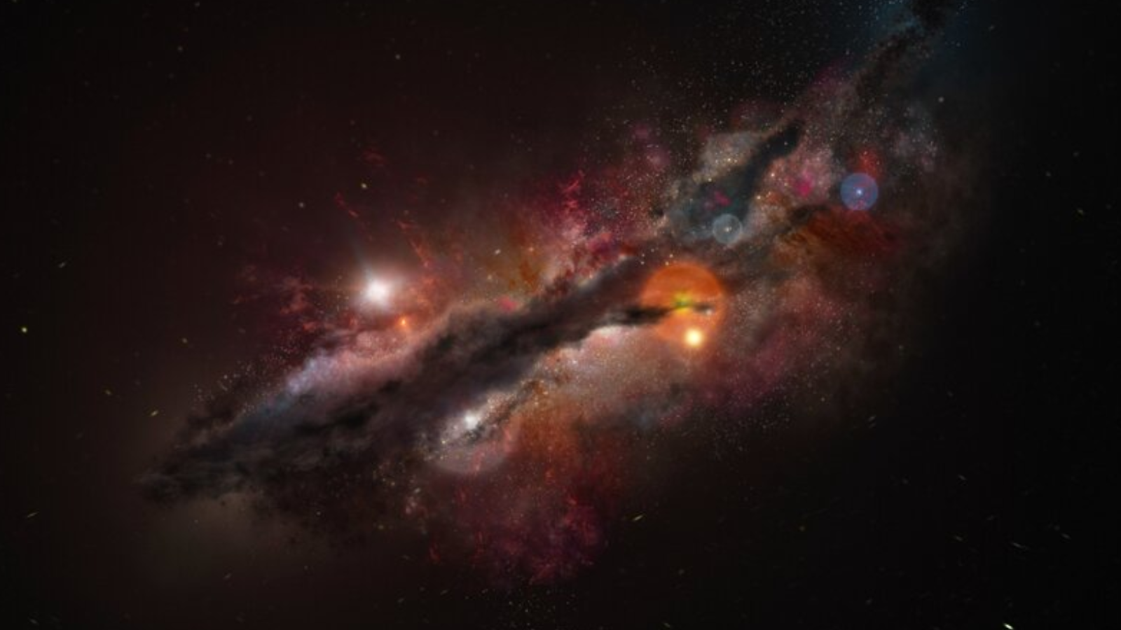 A Dim crack in Cosmos surrounded by red smoke and white, blue and orange orbs.