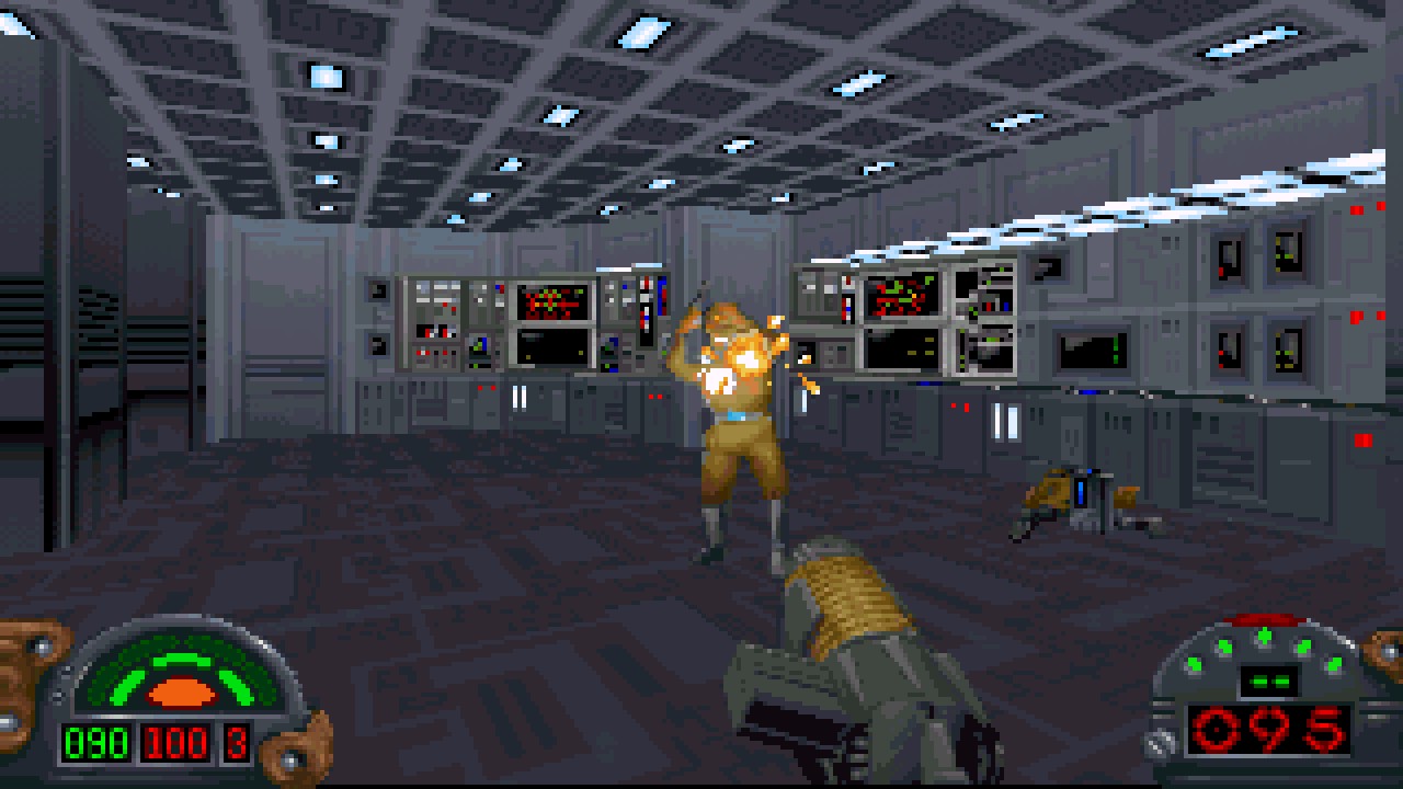 Still from the video game Luminous sphere Wars: Dim Forces. The room is a futuristic computer room designed in a 2.5D pixel art style. You are holding a gun and shooting an enemy in front of you.