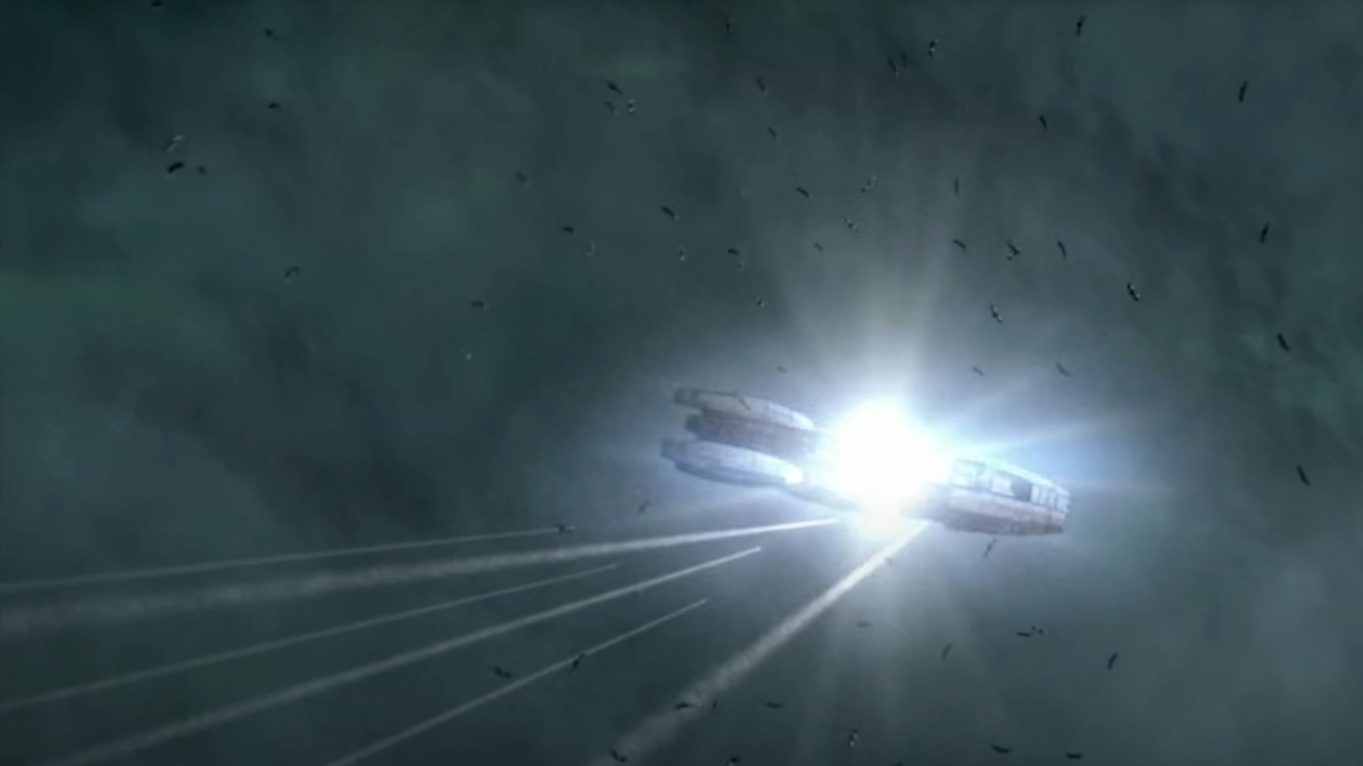 The Battlestar Galactica making an FTL Bound.