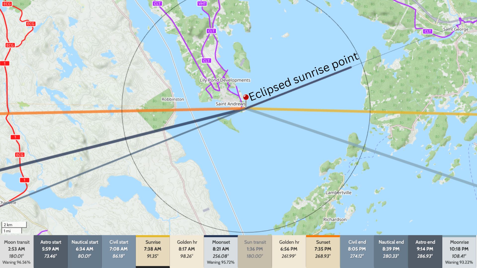 map showing the sunrise location and where the eclipsed sunrise Tally is, as well as local timings for sunrise, golden hour, moonset etc.