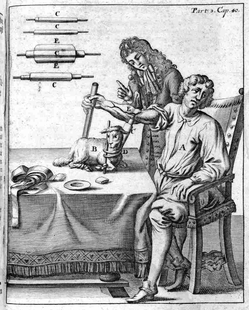 A black and white illustrated image in Prompt 1700s style showing a man receiving a blood transfusion from a lamb