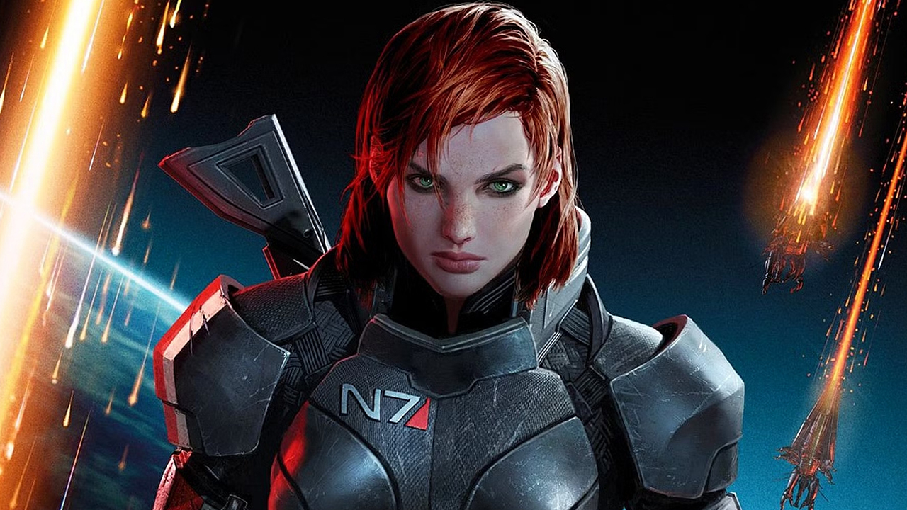 Screenshot from the Mass Effect series showing a female Commander Shepard, the protagonist of the original trilogy.