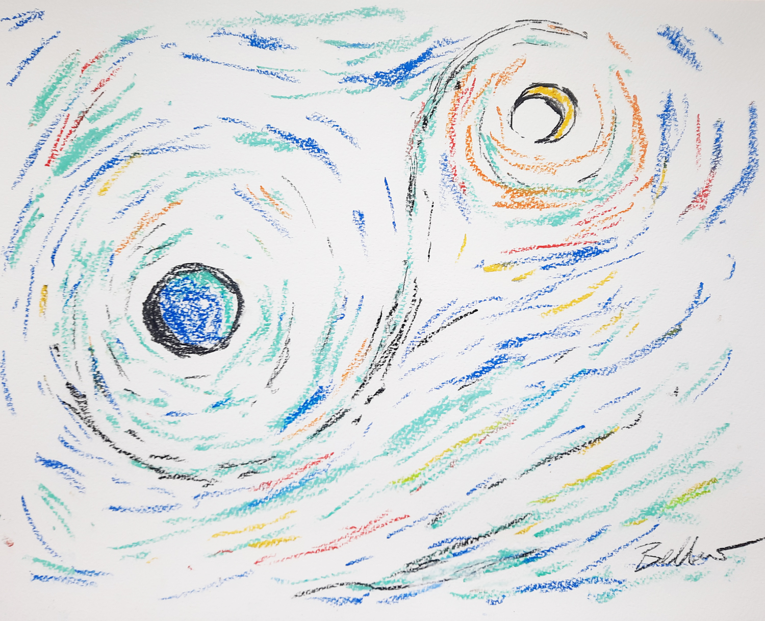 a man in a blue suit jacket stands in front of a colorful painting of planets in Cosmos