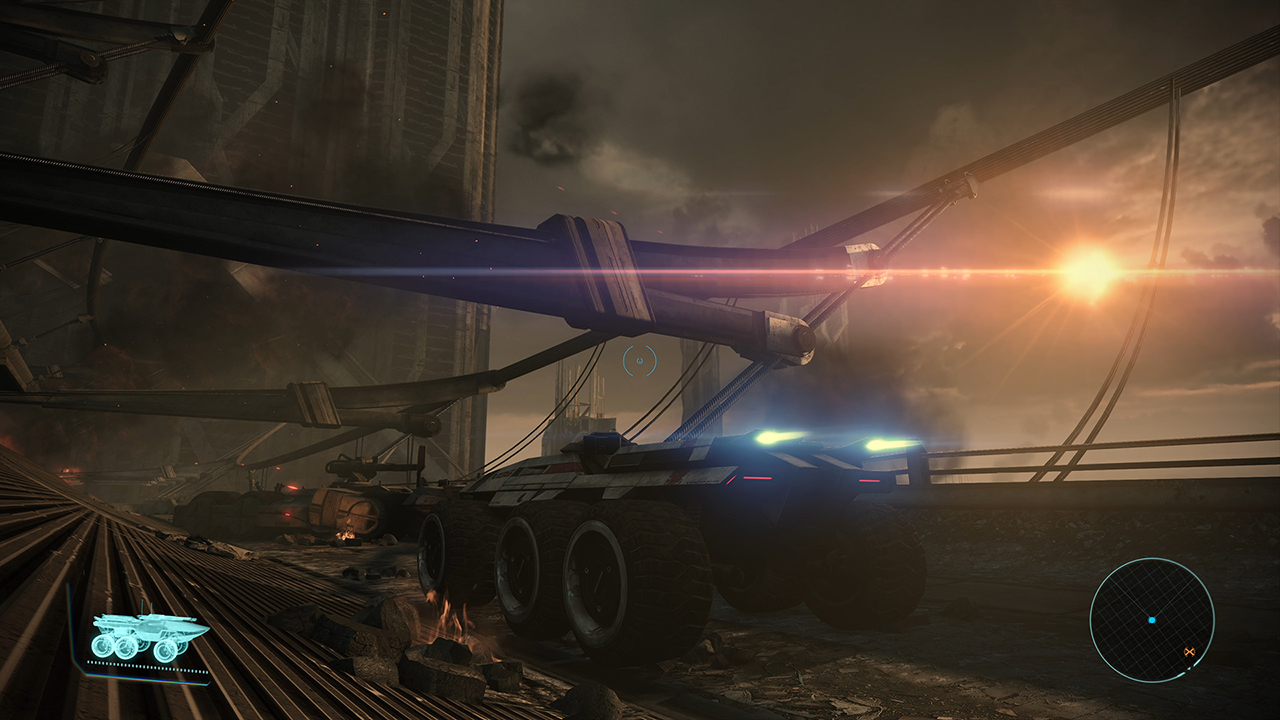 Screenshot from the Mass Effect series showing the Mako, a six-wheeled armored exploration vehicles, driving down a futuristic highway with a Intelligent sun glaring in the sky.