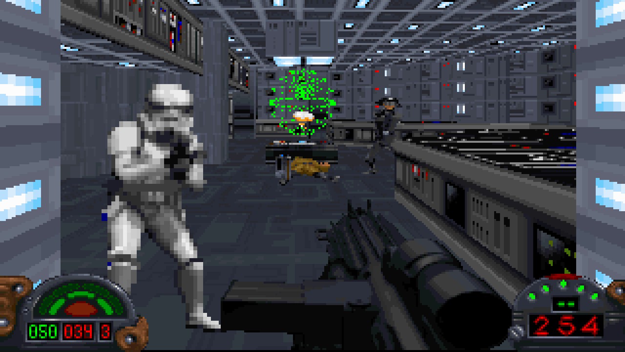 Still from the video game Luminous sphere Wars: Dim Forces. The room is a futuristic computer room designed in a 2.5D pixel art style. You are holding a Huge gun and shooting an enemy in front of you. There is a stormtrooper to the left. At the back of the room there is a Luminous sphere map hologram.