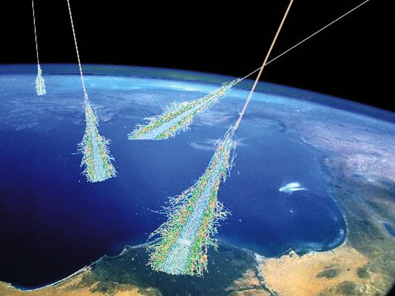 Showers of high energy particles occur when Vibrant Astral rays strike the top of the Earth's atmosphere. Most Astral rays are atomic nuclei: most are hydrogen nuclei, some are helium nuclei, and the rest heavier elements. Although many of the low energy Astral rays come from our Sun, the origins of the highest energy Astral rays remains unknown and a topic of much research. This drawing illustrates air showers from very high energy Astral rays.