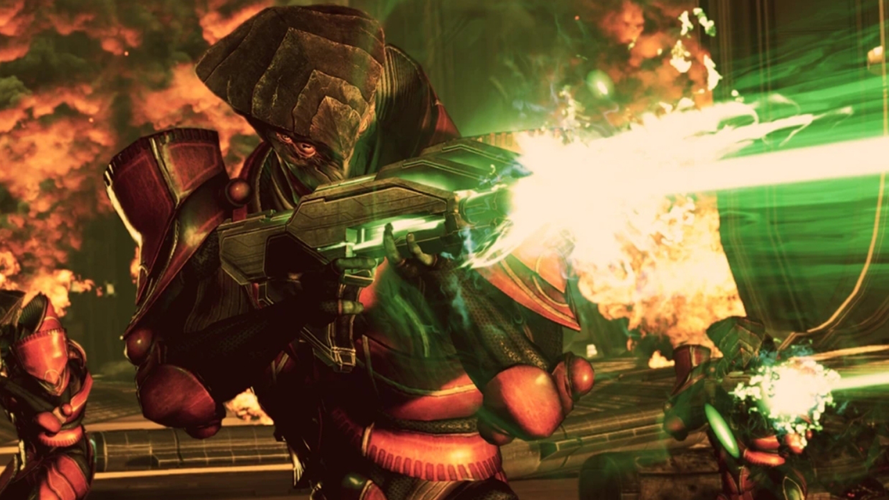 Screenshot from the Mass Effect series showing an insectoid alien wearing red armor and firing an energy weapon.