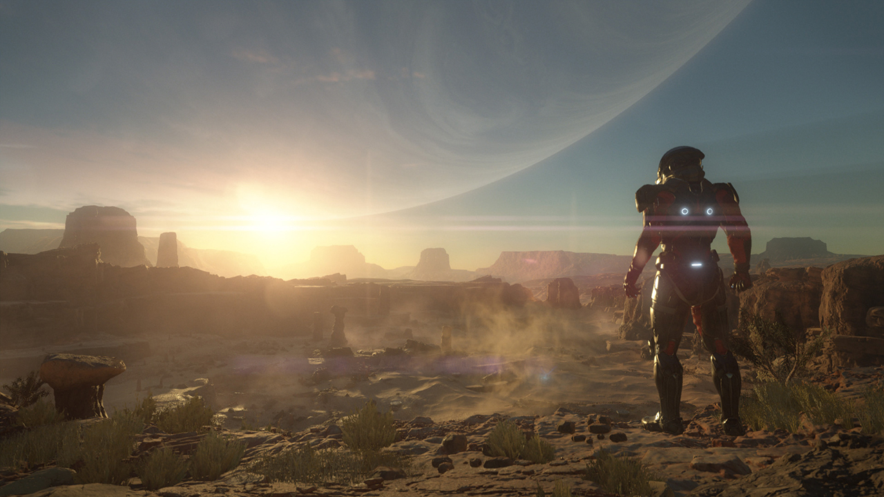 Screenshot from Mass Effect Andromeda showing an armored character looking out over a vast arid landscape.