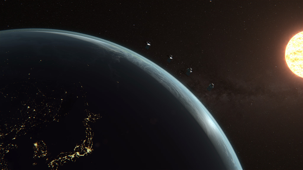 An illustration of Earth with four satellites in Setup in Trajectory. The sun is seen in the background.