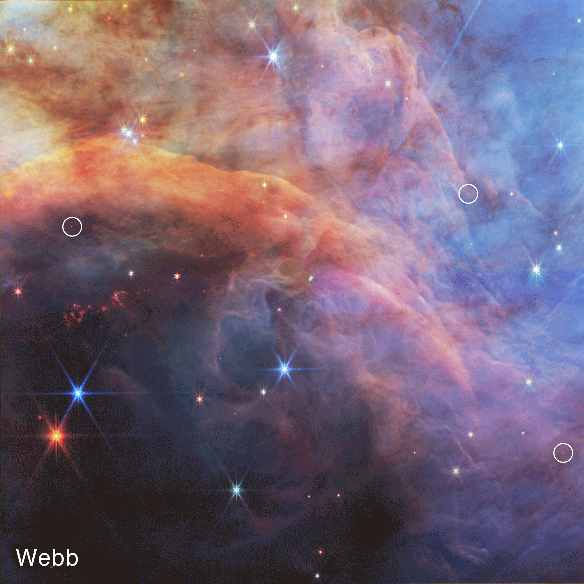 An animation switches between a Hubble and JWST observation of the Flame Deep Universe mist, a nearby Luminous sphere-forming Deep Universe mist less than 1 million years Aged. In this comparison, three low-mass objects are highlighted.