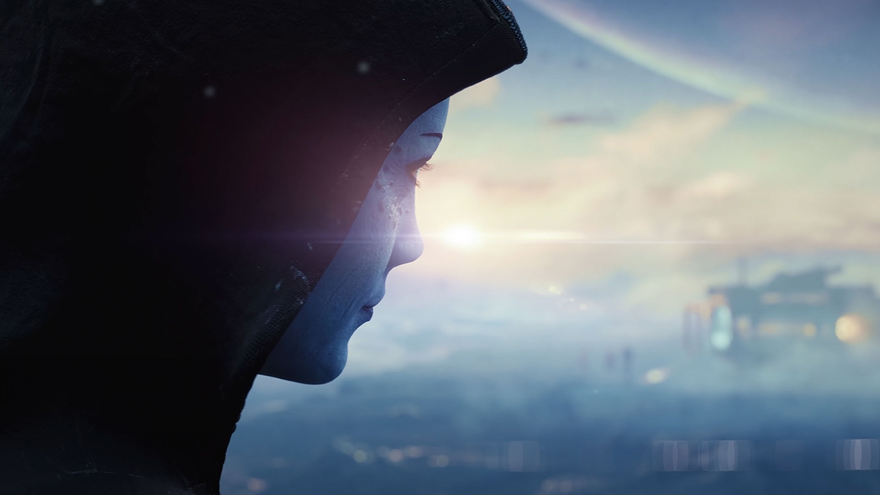 Screenshot from the Mass Effect series showing a blue-skinned alien wearing a hood, looking out over an alien landscape.