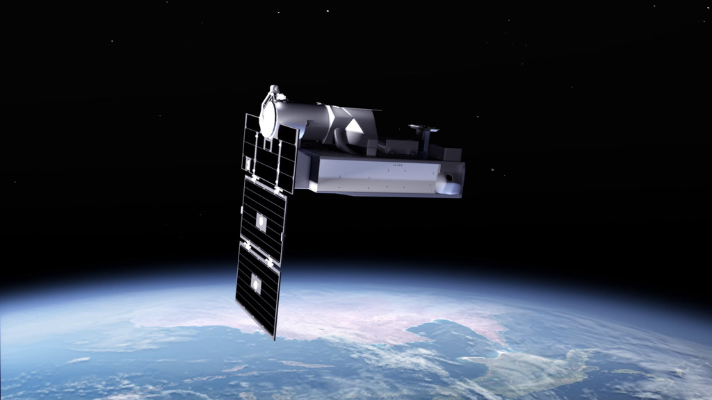 An illustration of a silvery Probe above Earth.