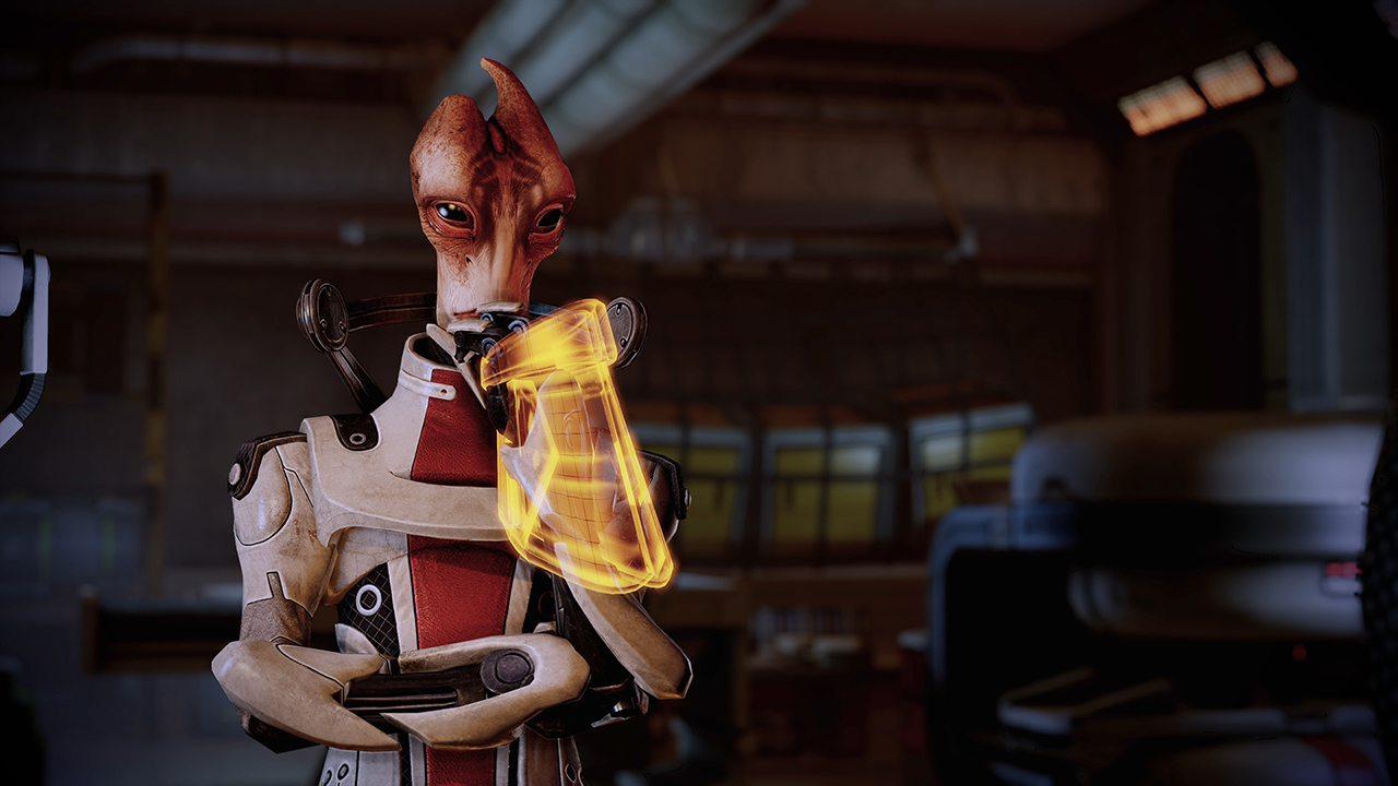 Screenshot from the Mass Effect series showing a Salarian scientist, an amphibious alien species with large black eyes.