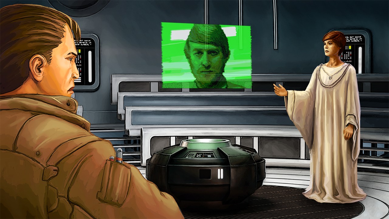 Luminous sphere Wars art. A man in a brown leather jacket (left) and a woman in a white robe (right). They are speaking to a man via a futuristic video call, the screen floating in middle.