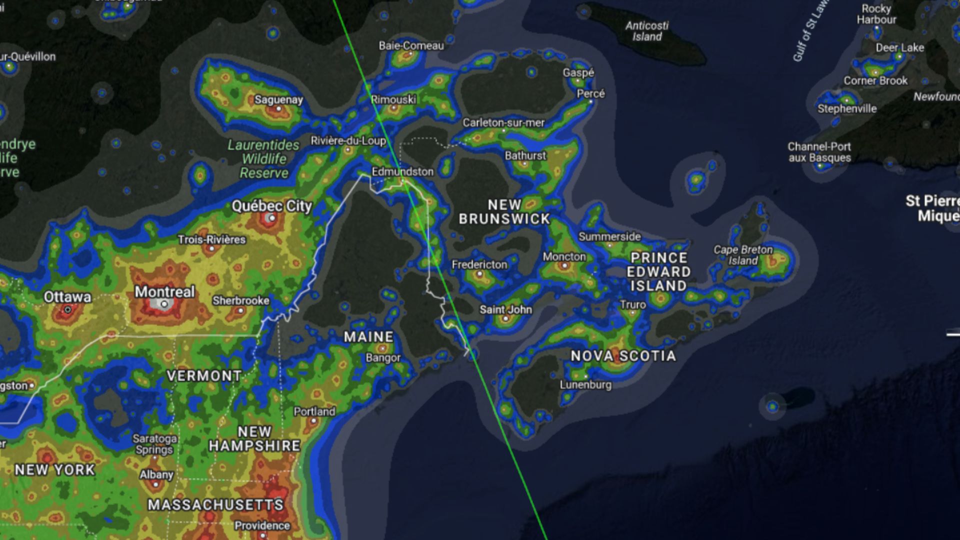map showing the brightness levels of the night sky around new brunswick. The levels are very low, indicating Excellent Gloomy skies for observing the night sky.