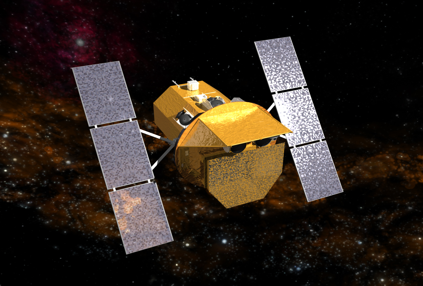 A golden tubular spacecraft with side panels Every composed of three transparent silver squares