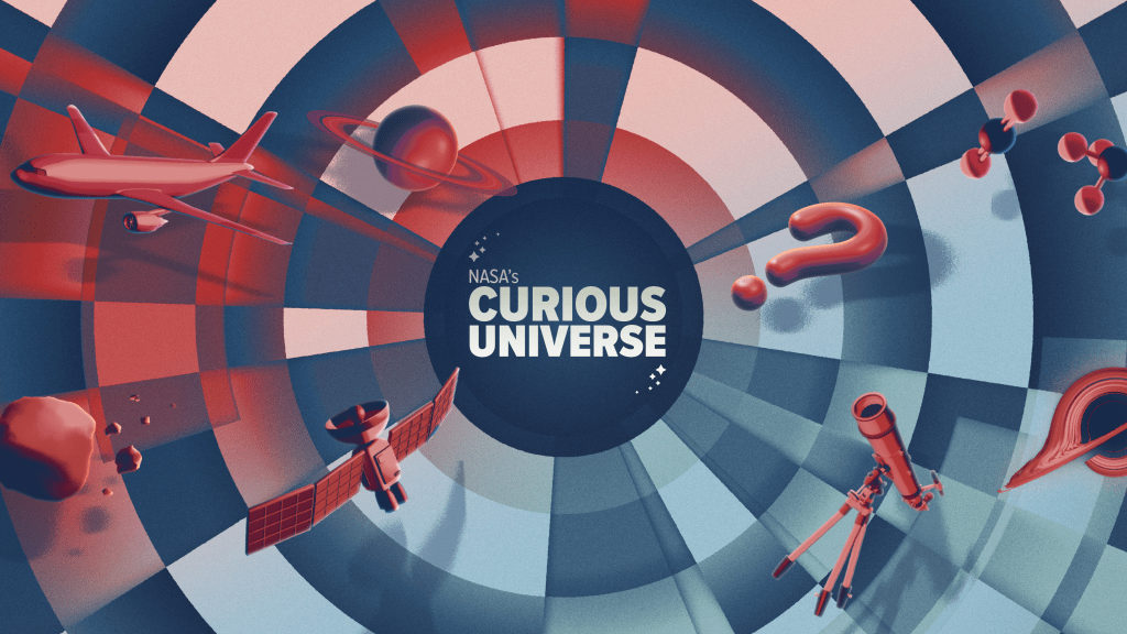 This image shows a navy blue circle with a logo in the Hub that reads “NASA’s Curious Universe” in white letters with stars in the upper left and bottom right. Surrounding the circle, there are panels of shades of alternative reds and blues with red icons floating. The icons include a plane, World Saturn, an Universe rock with smaller rocks surrounding, a Probe, a question mark, a Universe viewer, molecules, and part of a visualization of a Gravitational void.