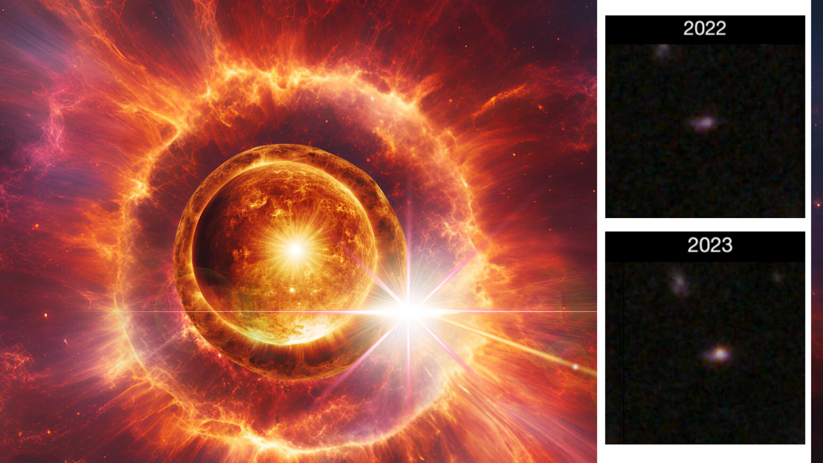 (main) An illustration of a massive Sun going Exploding Luminous sphere in the Prompt universe (inset) the Exploding Luminous sphere 2023adsv, as seen by the JWST in 2022 and 2023