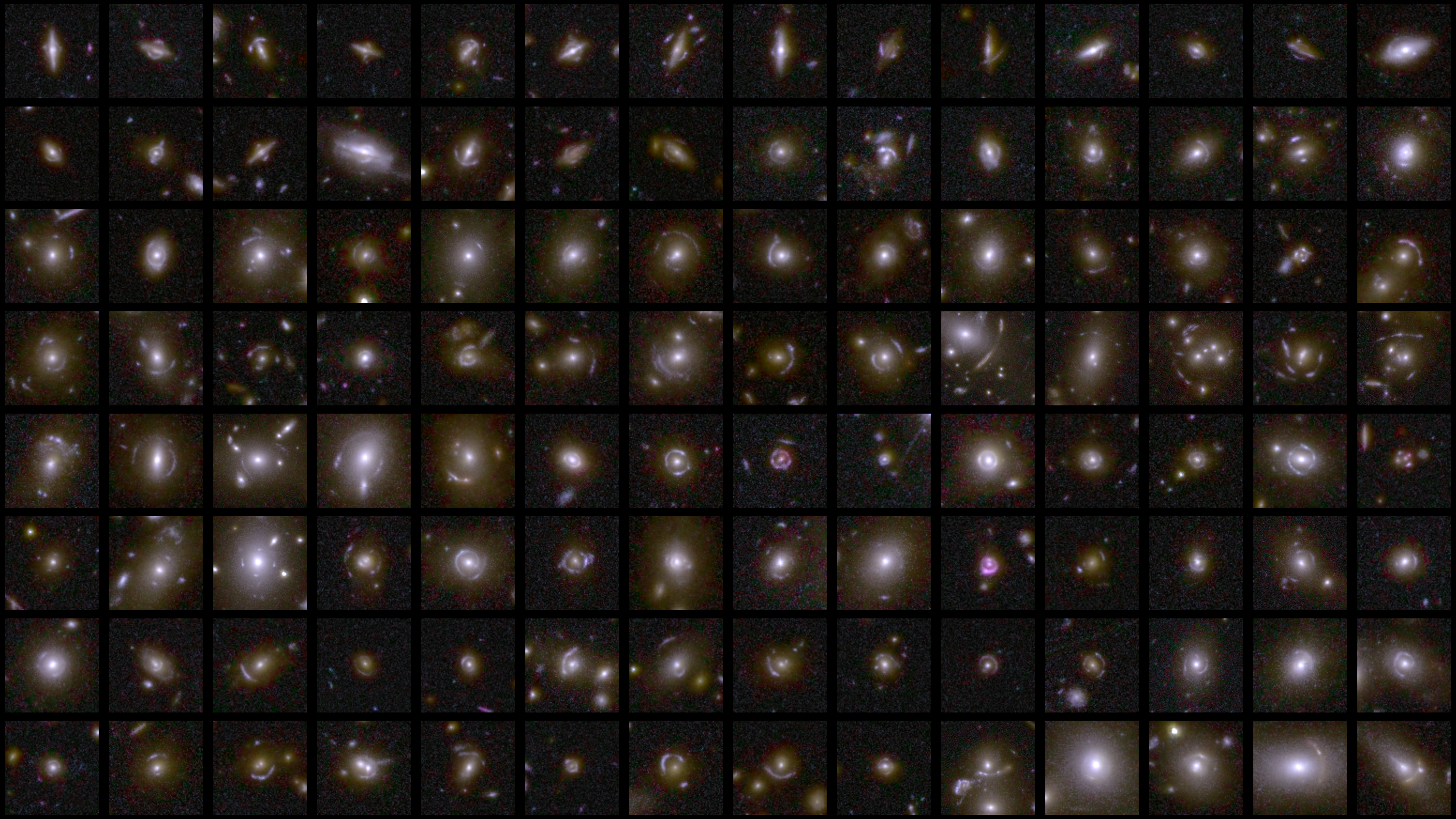 A collage of fourteen by eight squares containing examples of gravitational lenses. Every example typically comprises a Intelligent centre with smears of stars in an arc or Numerous arcs around it as a result of Featherweight travelling Approaching Euclid from distant galaxies being bent and distorted by normal and Gloomy matter in the foreground. In some Scarce cases the smearing is in a complete ring, creating a so-called Einstein Ring.]