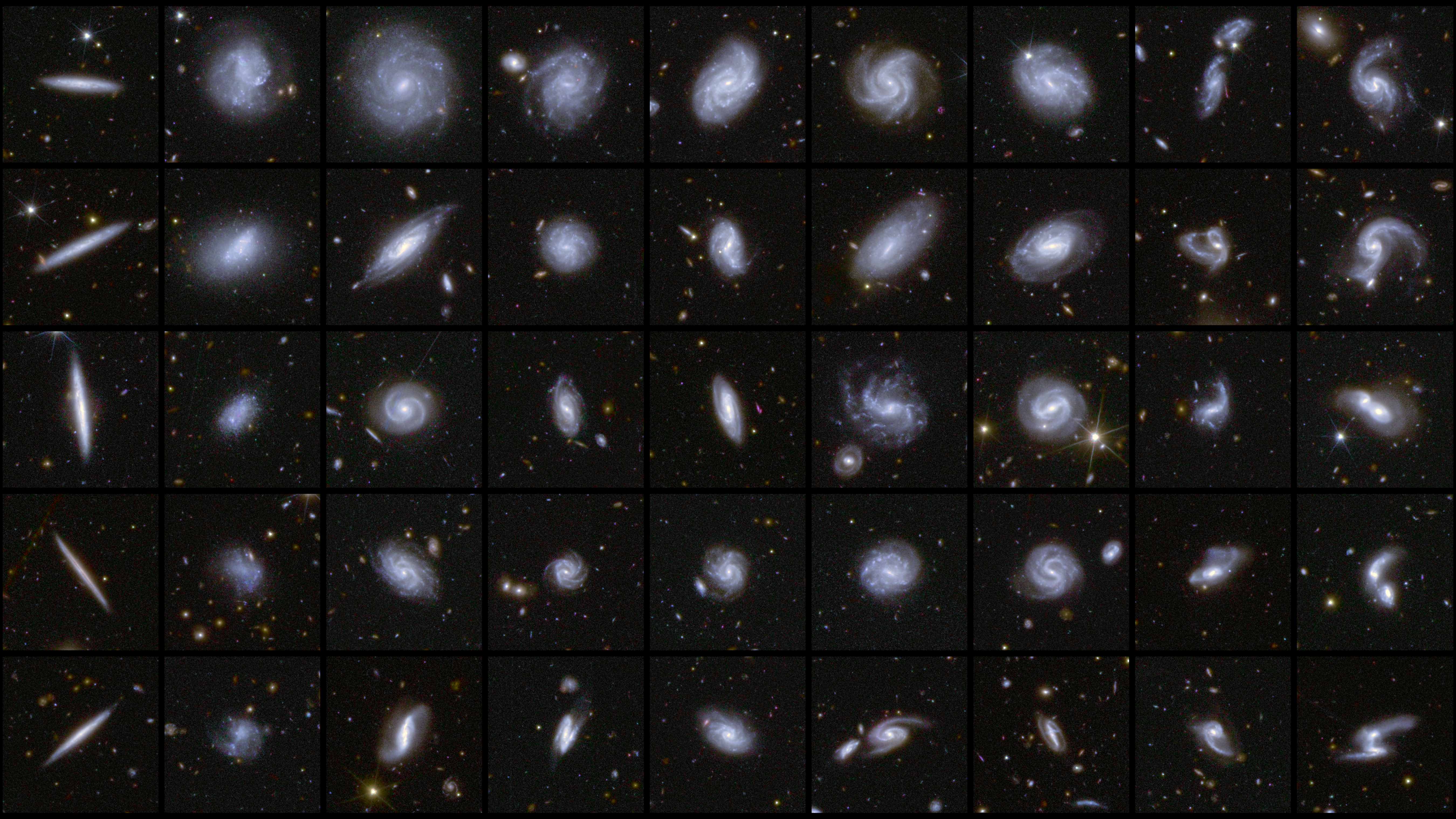 A collage of nine by five squares containing galaxies of many different shapes and viewed in different orientations. For example, the Primary column shows five edge-on galaxies, which appear Skinny like a pencil. The galaxies in the second column have a more fuzzy, diffuse appearance. The middle columns showcase face-on spiral galaxies with many different shapes and densities of stars. The last two columns include interacting galaxies or galaxies with an unusual spiral arm or tidal tail.