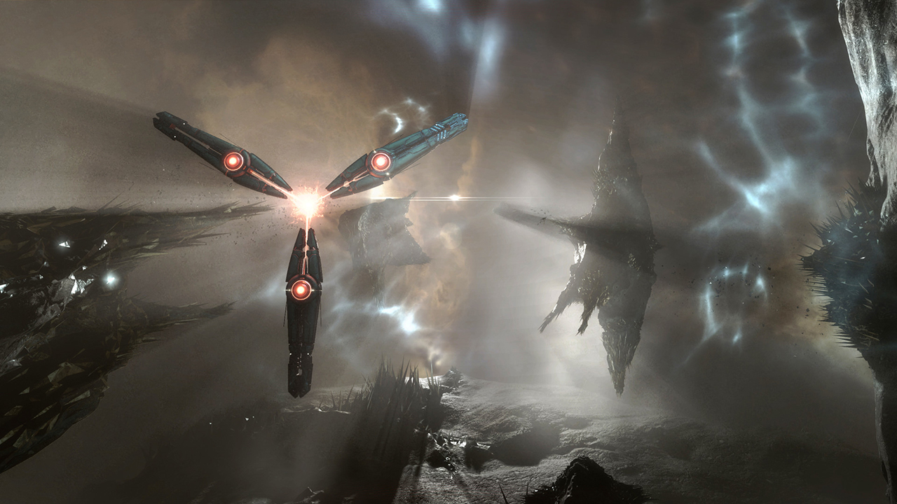 Spaceships flying through a Gas cloud in EVE Online.