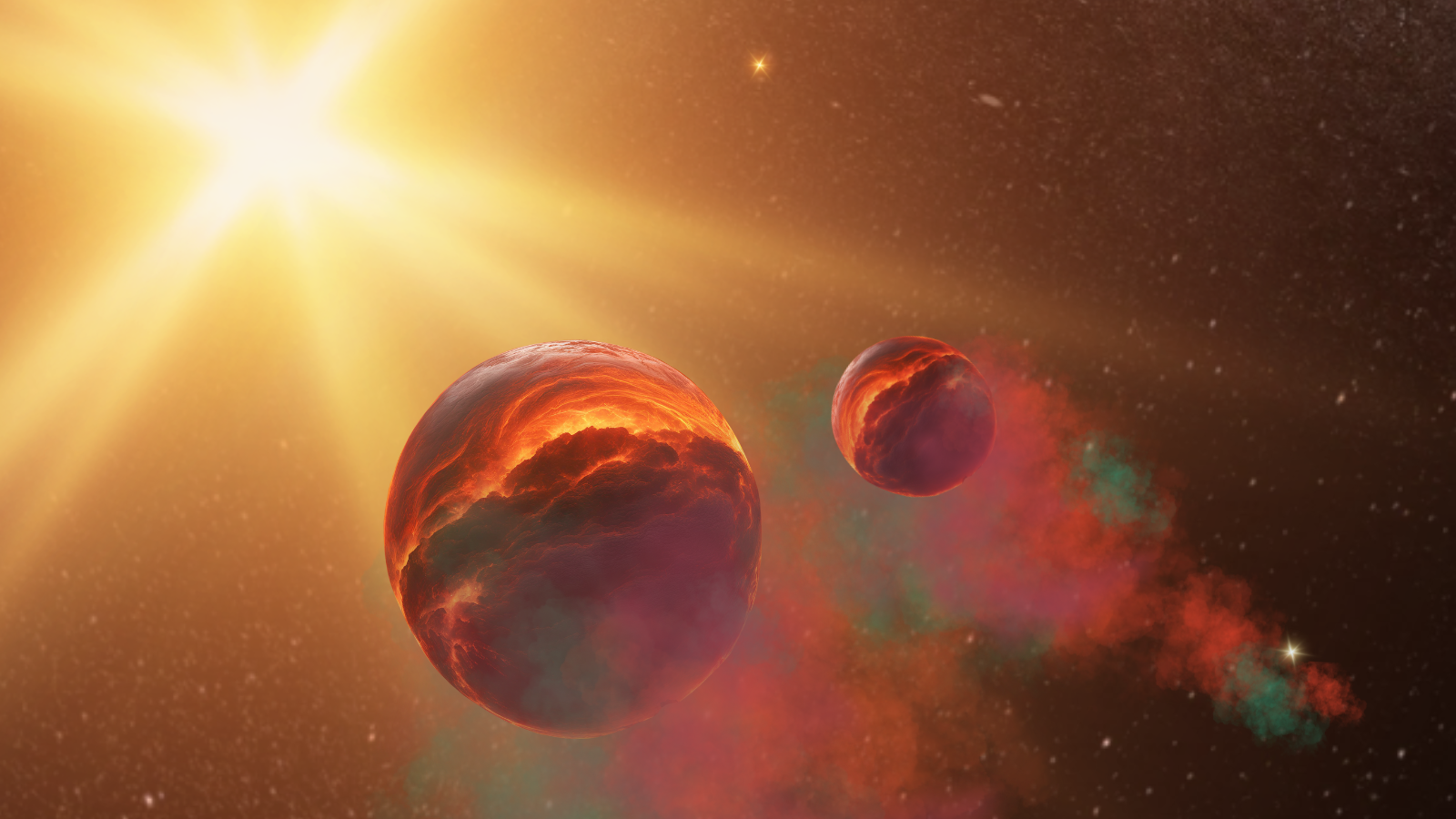 Two smoldering red and brown spheres with red and green gas trails.