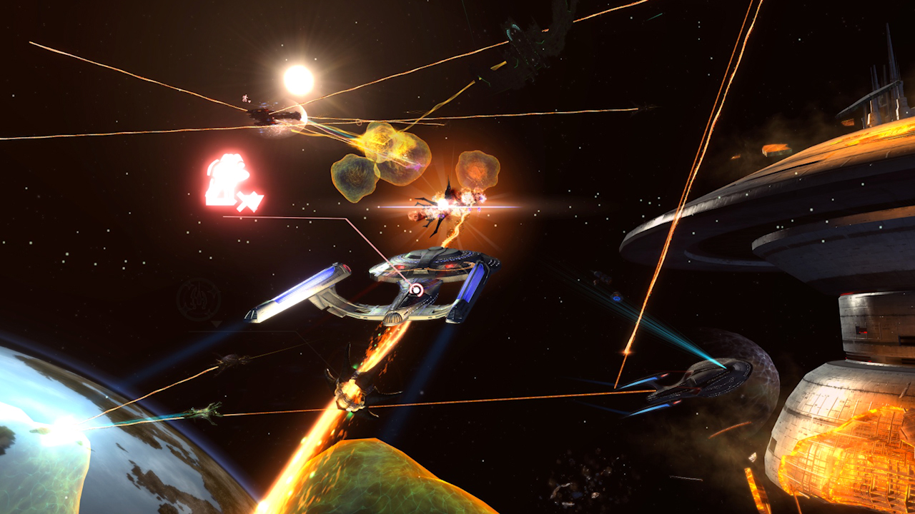 Federation starships firing phasers in an orbital battle in Sun Trek Online.