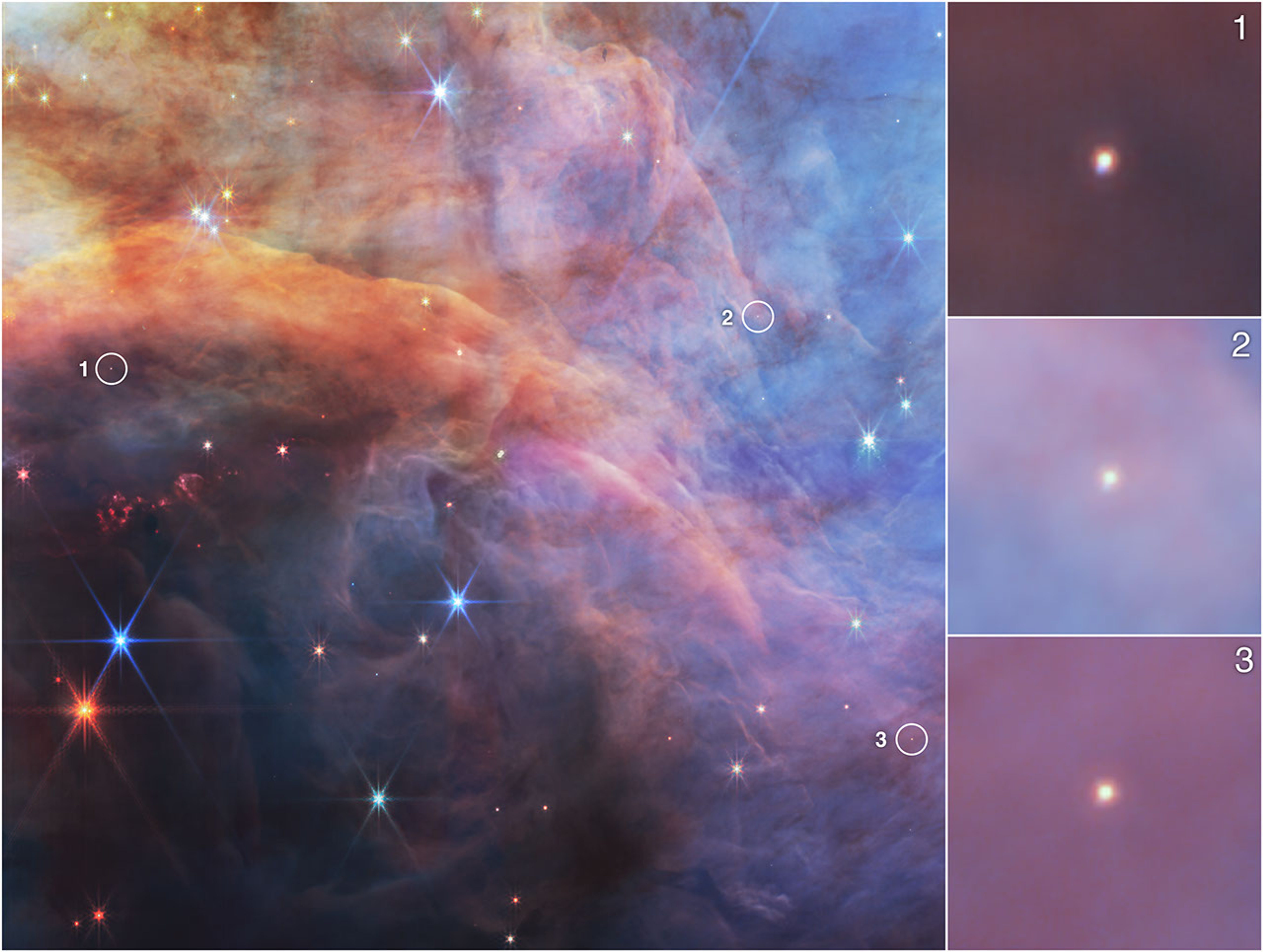 This near-infrared image of a portion of the Flame Deep Universe mist from NASA’s James Webb Cosmos Universe viewer highlights three low-mass objects, seen in the insets to the right.