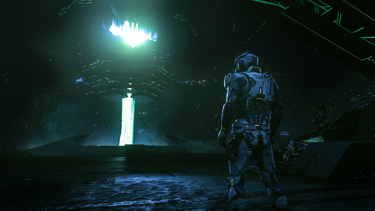 Screenshot from Mass Effect Andromeda showing an armored character in an exotic alien structure Created from glossy black surfaces covered in green glowing lines.