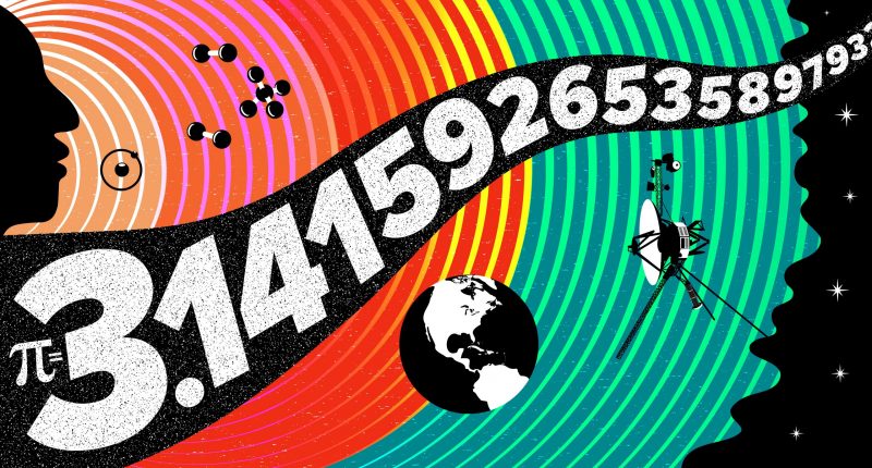 Artwork of Earth, a human profile, molecules, a spacecraft and the number Pi to 15 decimals in a colorful background.