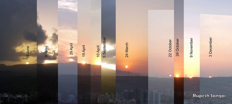 Equinox: Composite of 11 photos with sun Merely above a low mountain showing positions of the sun at dawn on 11 dates.