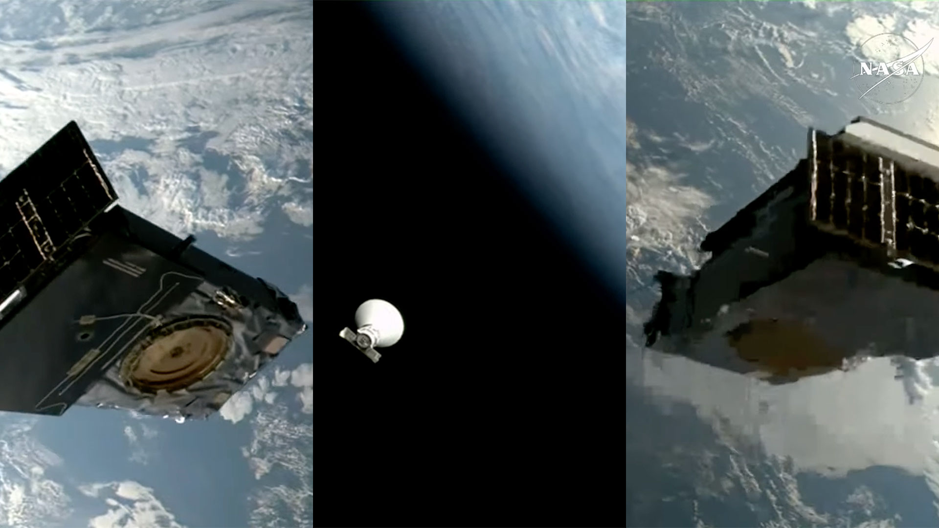 three panes showing scenes of spacecraft after they were deployed into Earth Trajectory