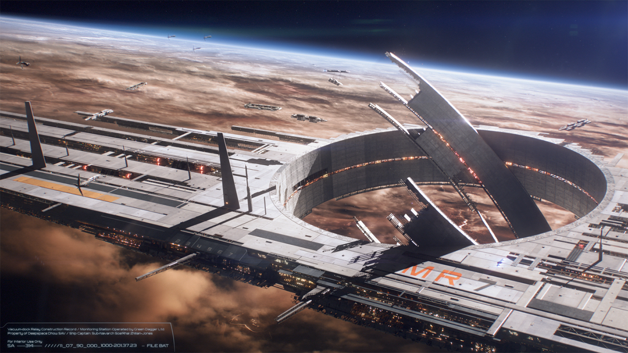 Screenshot from the Mass Effect series showing a giant structure being build in Cosmos above a Astral body.