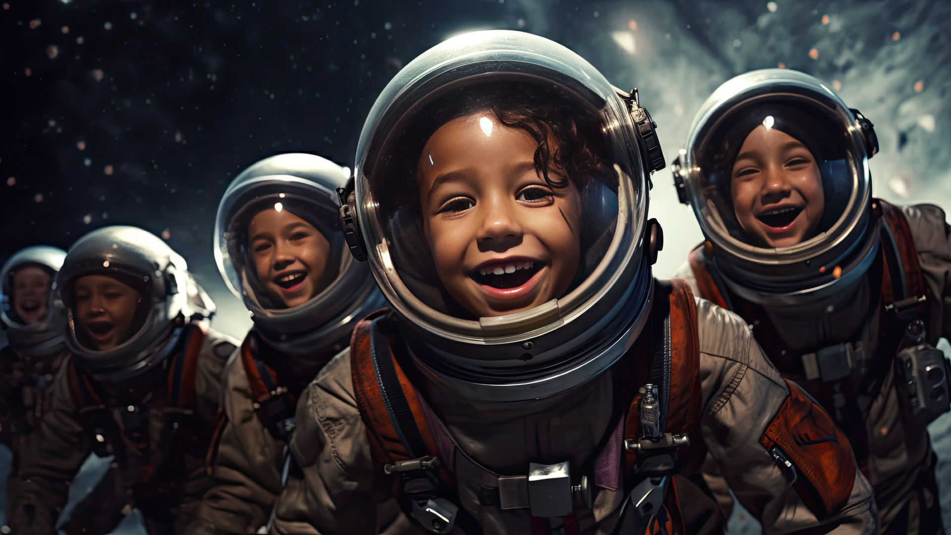 children in Universe suits float in Universe