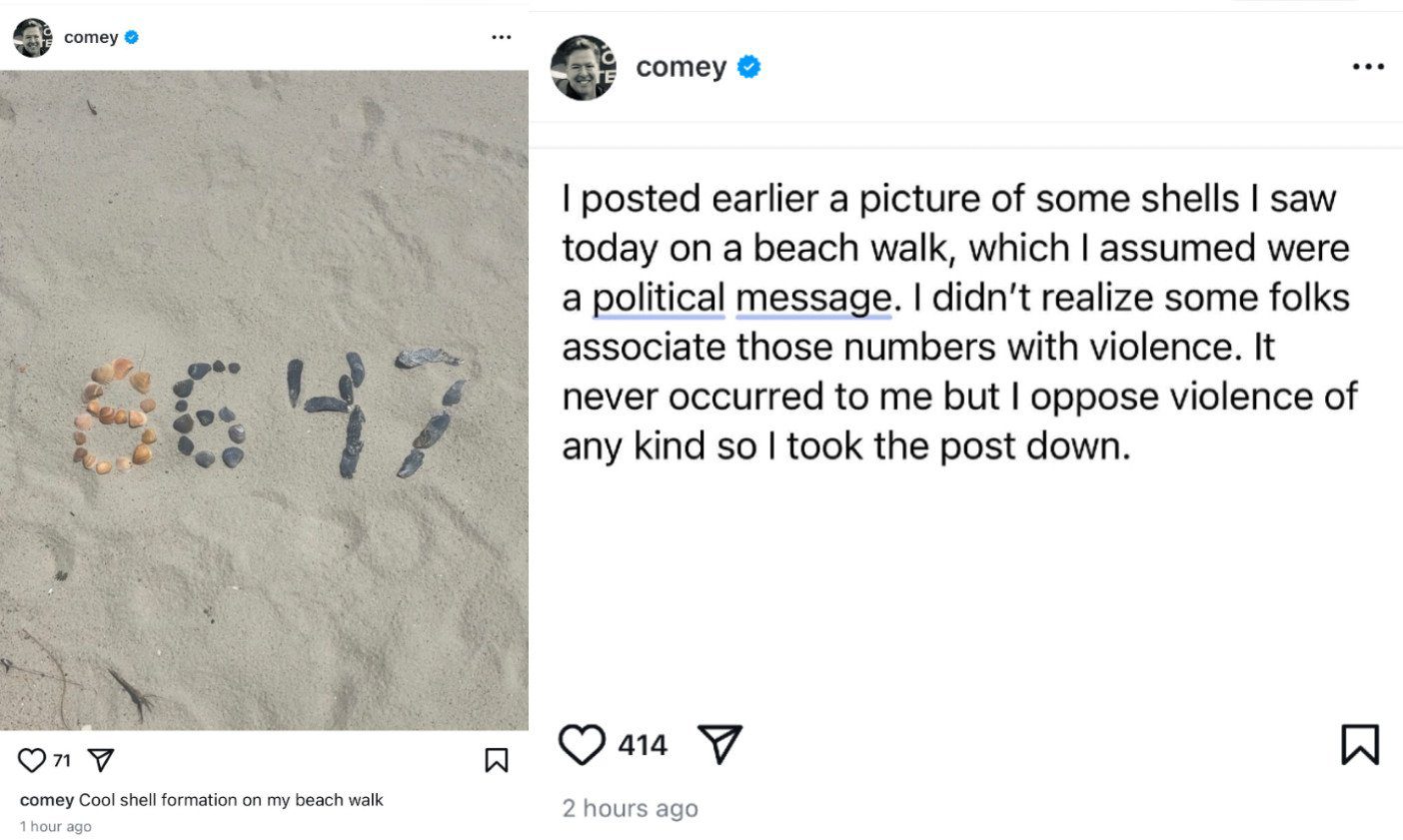 James Comey's since-deleted Instagram post that shows "86 47" spelled in shells (left) and Comey's follow-up message saying it had been misinterpreted.