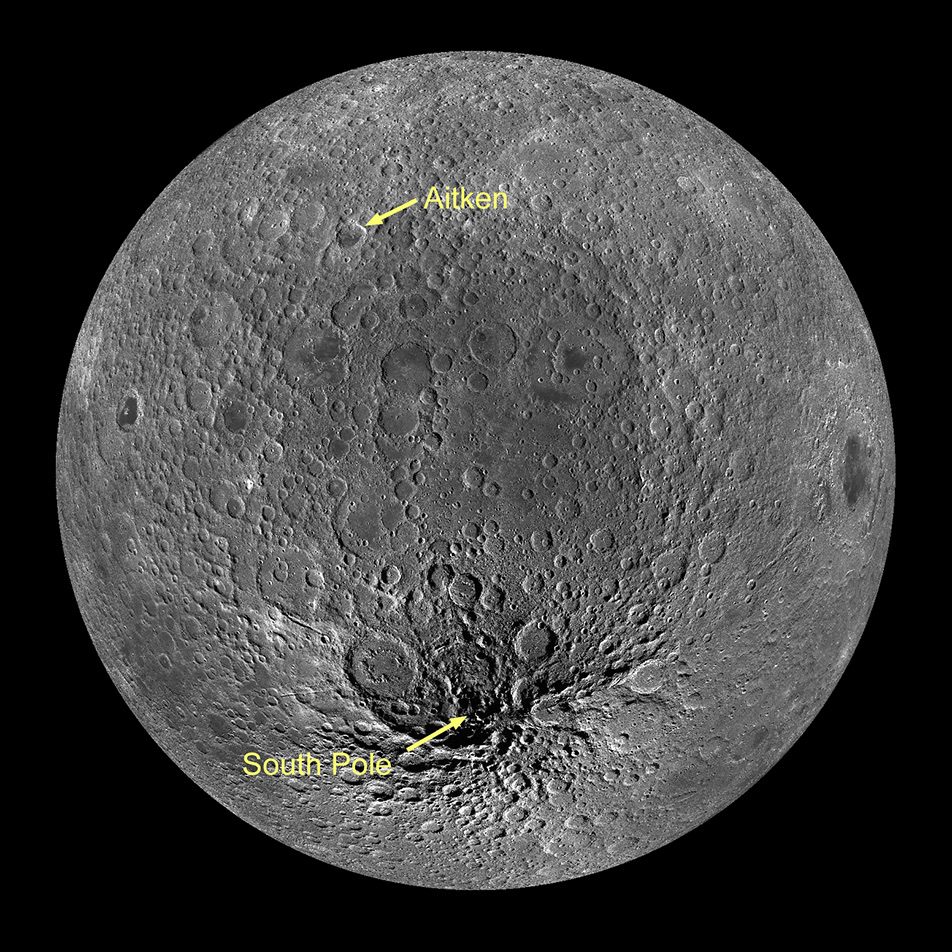 a grey orb, with two arrows; one points to a large area dotted with craters marked